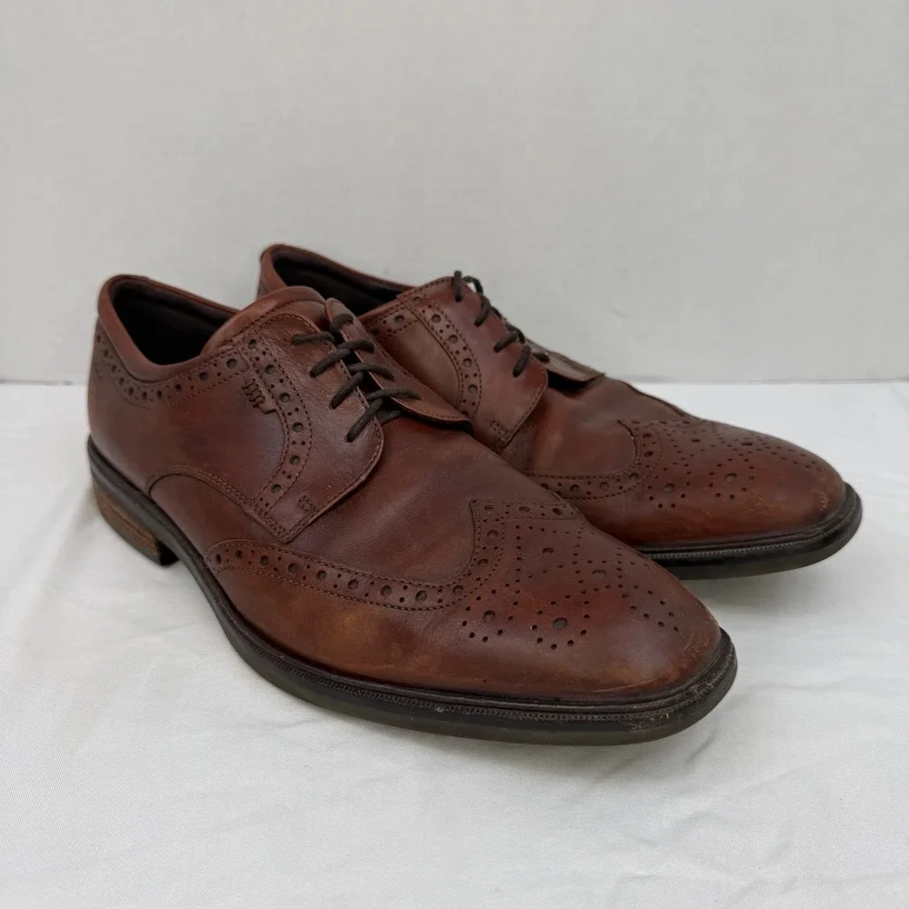 Ecco Mens Dublin Wingtip Oxford Cognac Brown Leather Brogue Dress Shoes Size 43